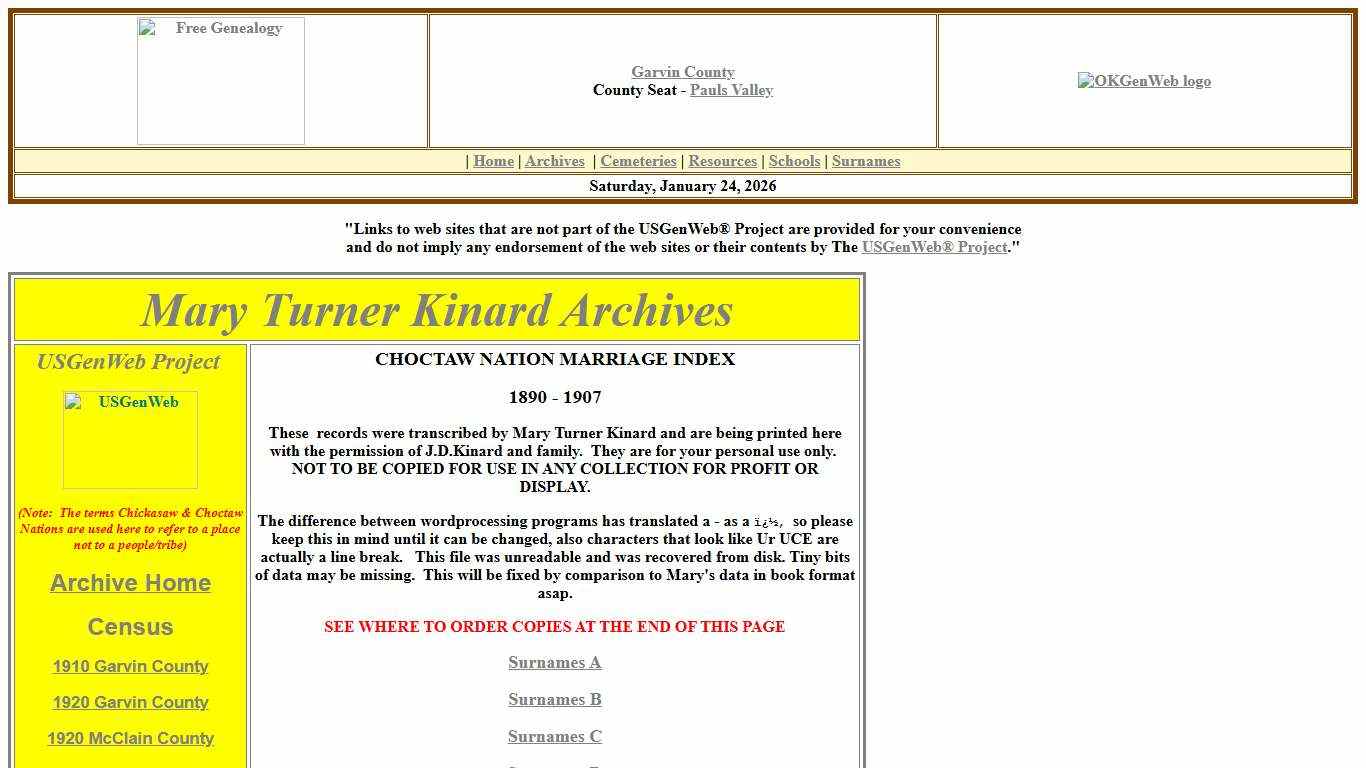 Choctaw Nation Marriage Index, 1890 - 1907